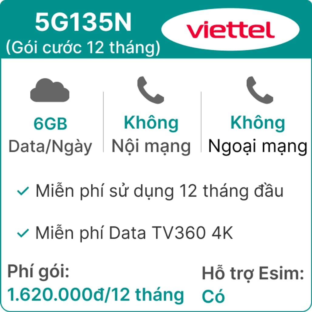 Sim 5G Viettel 12T5G135N 6GB Ngày (Free TV360 4K) 12 Tháng