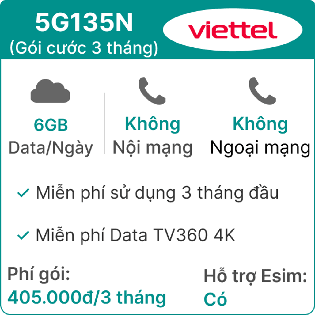 Sim 5G Viettel 3T5G135N 6GB Ngày (Free TV360 4K) 3 Tháng