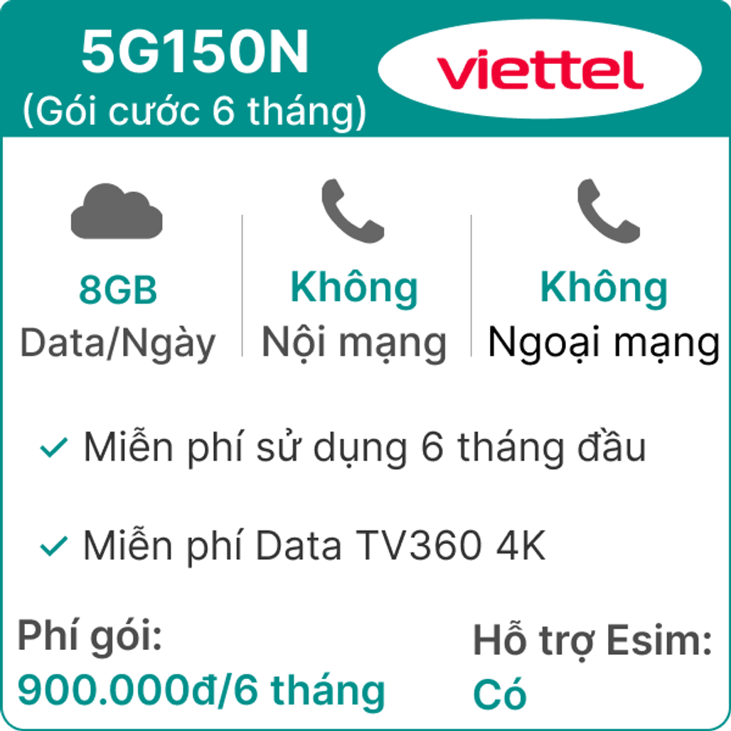 Sim 5G Viettel 6T5G150N 8GB Ngày (Free TV360 4K) 6 Tháng