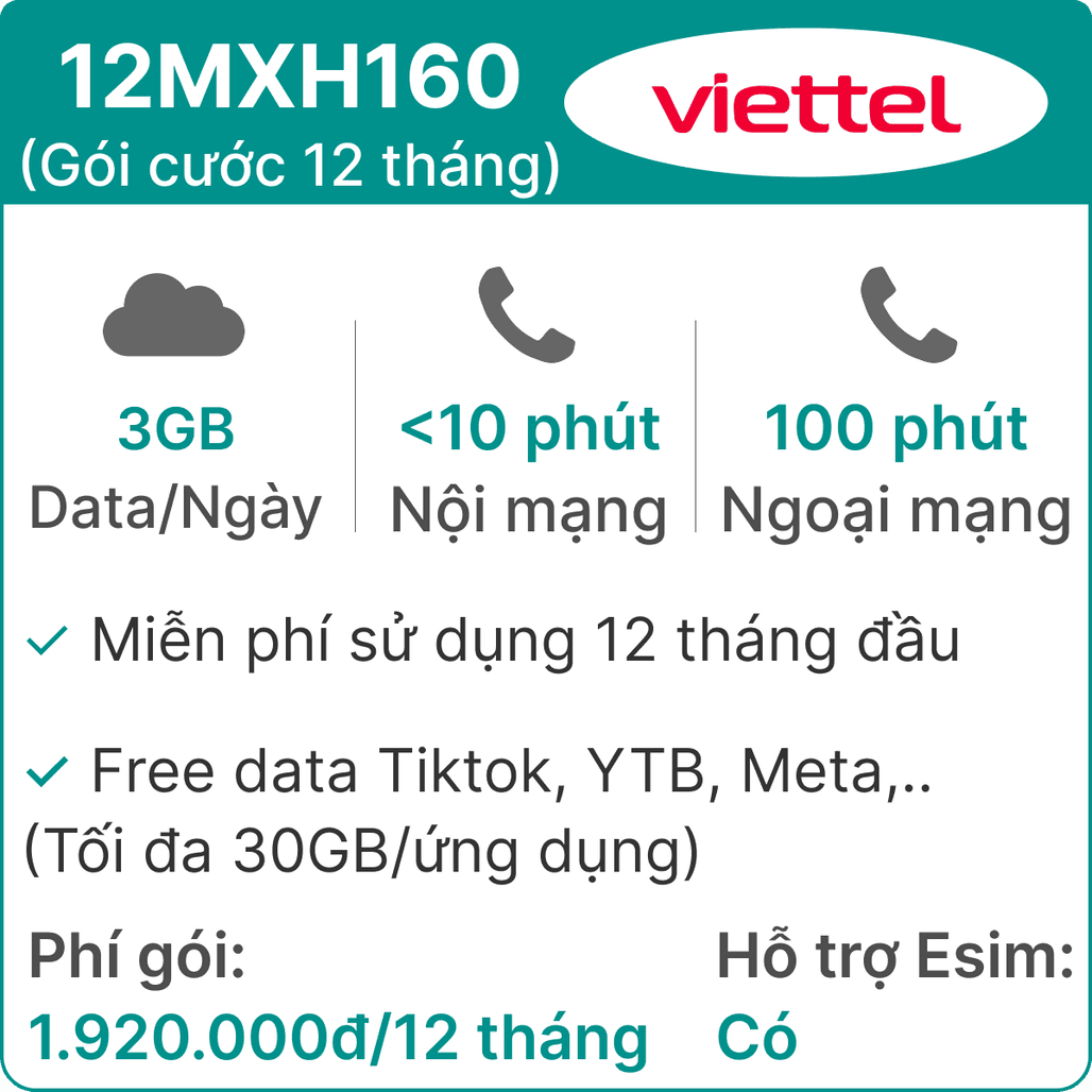 Sim 4G Viettel 12MXH160 3GB Ngày (có nghe gọi free data tiktok youtube FB 30GB) 12 Tháng