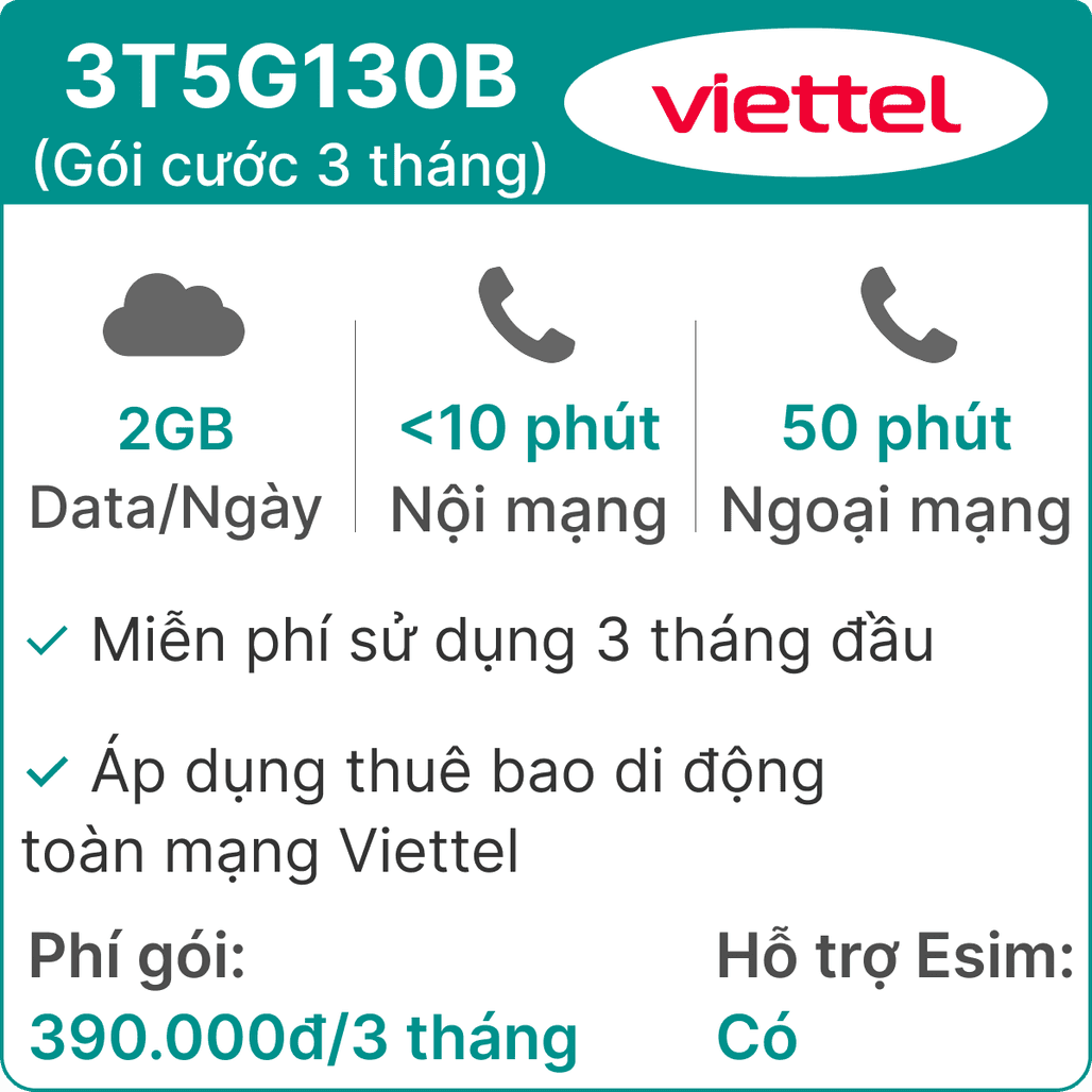 Sim 5G Viettel 3T5G130B 2GB Ngày (có nghe gọi) 3 Tháng