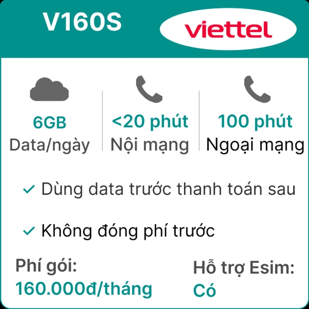 Sim trả sau Viettel 5G V160S 6GB Ngày (có nghe gọi TV360 Basic) Không đóng phí trước