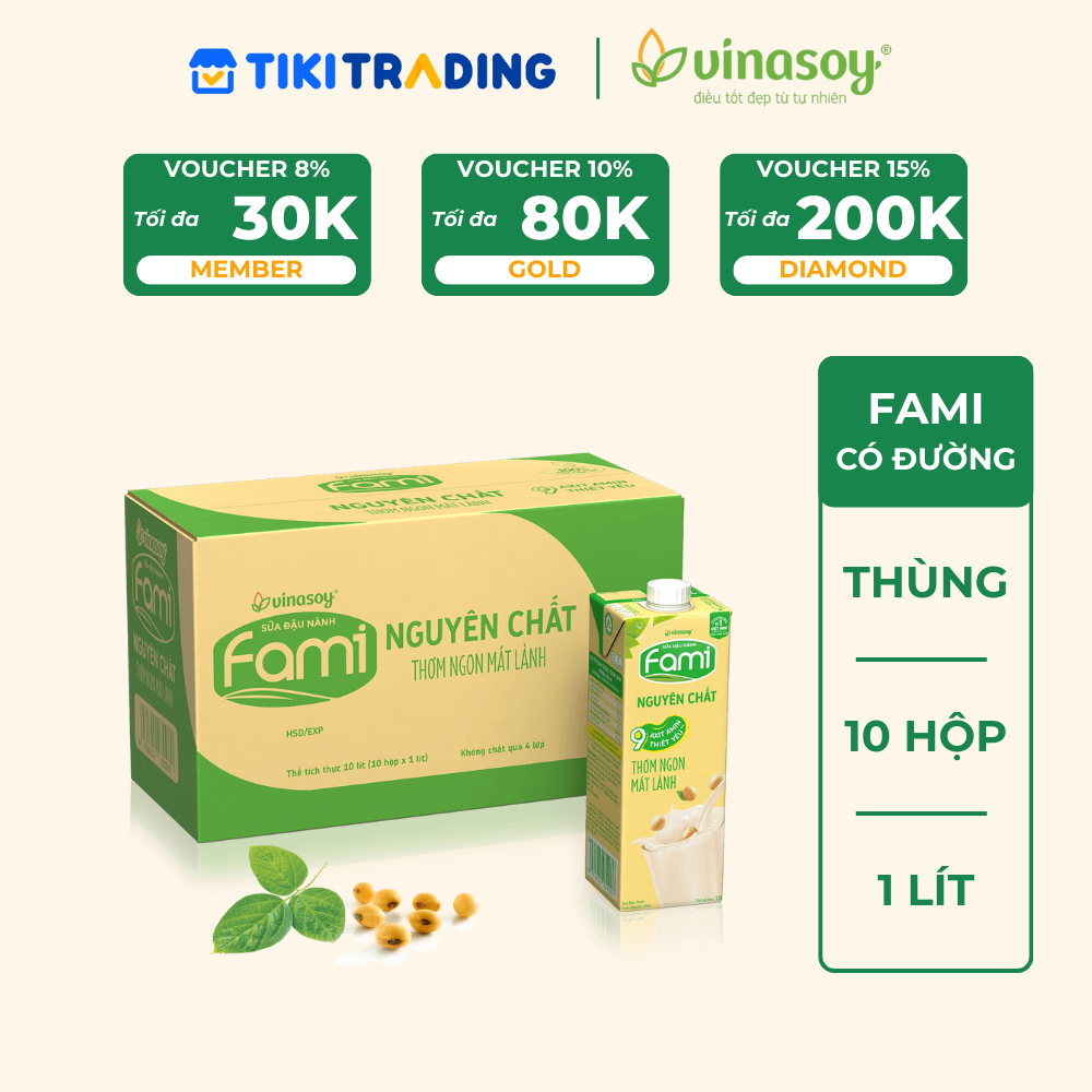 Thùng 10 Hộp Sữa Đậu Nành Vinasoy Fami Nguyên Chất 1 lít Hộp