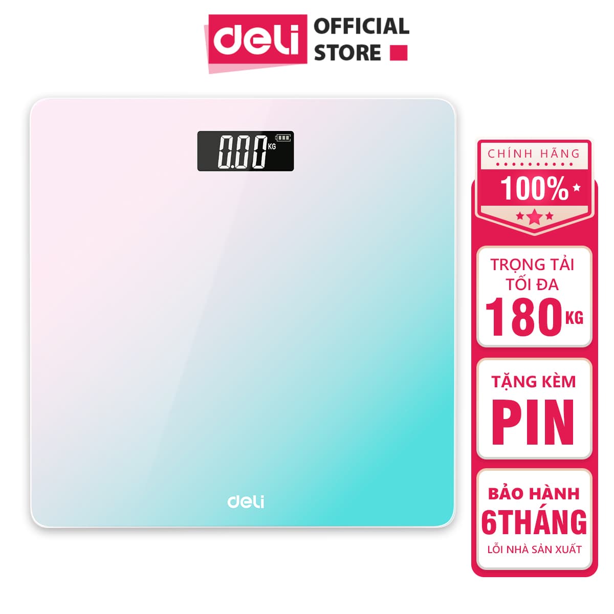 Cân Điện Tử Sức Khoẻ Thông Minh Mặt Vuông Kính Cường Lực Chịu Lực 180Kg Deli Phù Hợp Gia Đình Trường Học Nhiều Màu Sắc E86120 Xanh ombre