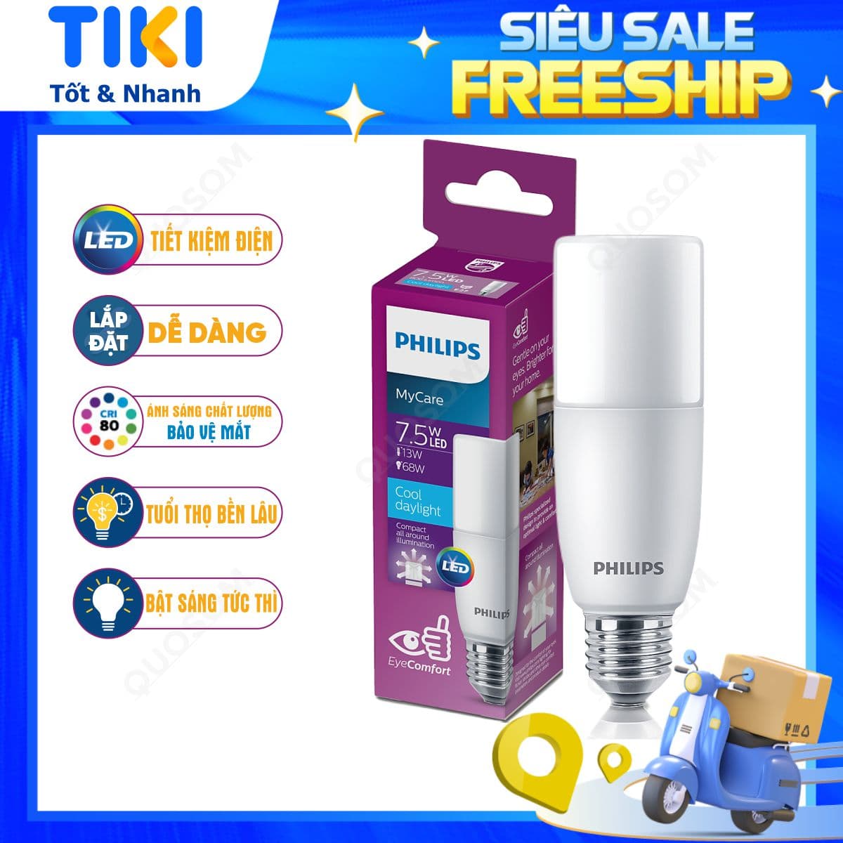 Bóng đèn LED Stick PHILIPS E27 Kích thước nhỏ gọn Thay thế hoàn hảo cho bóng đèn Compact 7.5W Trắng 6500K