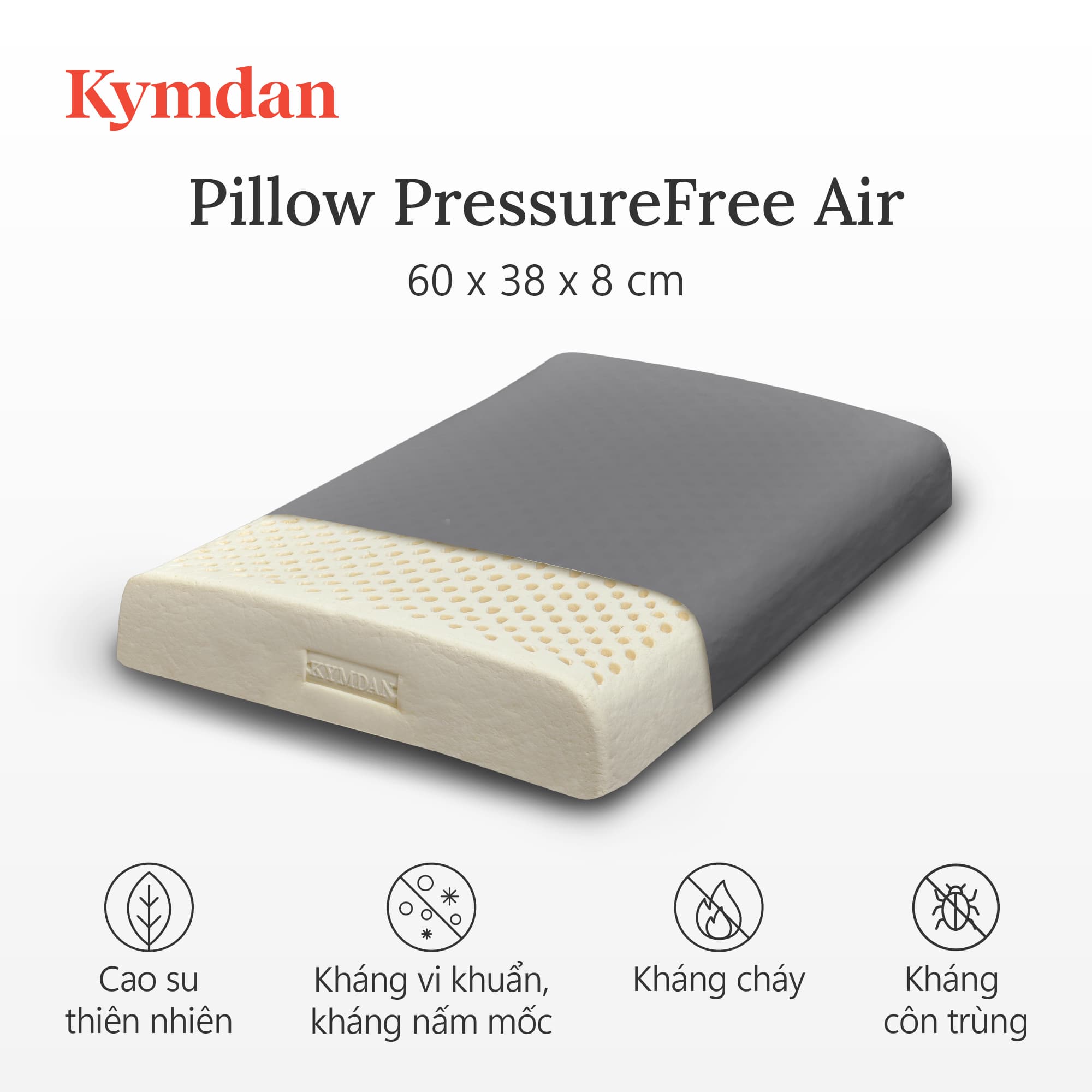 Gối cao su thiên nhiên Kymdan Pillow PressureFree Air 60 x 38 x 8 cm SS