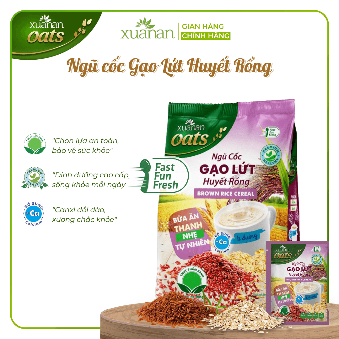 Ngũ Cốc Gạo Lứt Huyết Rồng Xuân An ít đường Túi 400G 25g16 góiko quà tặng