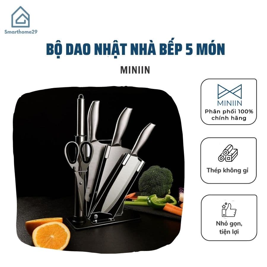 Bộ Dao Nhật 5 Món Đầy Đủ Loại Dao Cho Nhà Bếp Nhà Hàng Kèm Giá Đựng Chất Thép Nguyên Khối Không Gỉ MINIIN