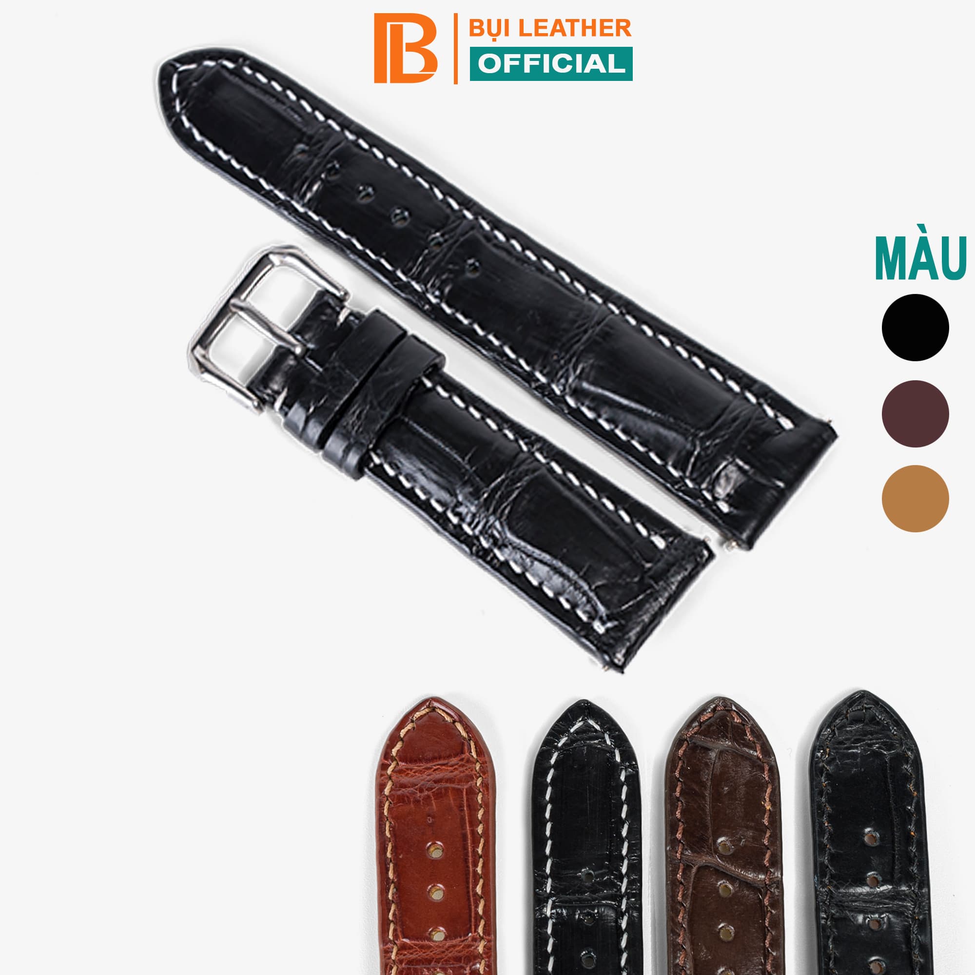 Dây đồng hồ nam da cá sấu đốt tre Bụi Leather D103 Hàng khâu tay thủ công cao cấp Đen chỉ trắng 22MM
