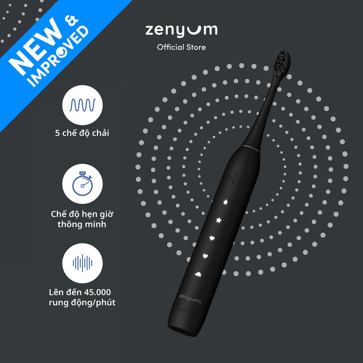 Bàn Chải Đánh Răng Điện Zenyum Sonic 2.0 Màu Đen Matte Công Nghệ Singapore