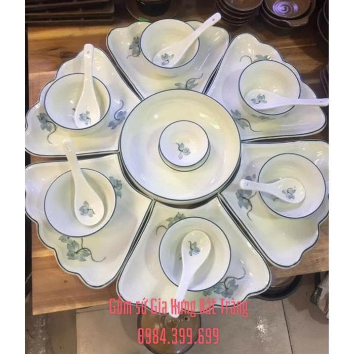 Bộ đồ ăn hoa mặt trời men kem vẽ sen gốm sứ Bát Tràng Bộ có thìa