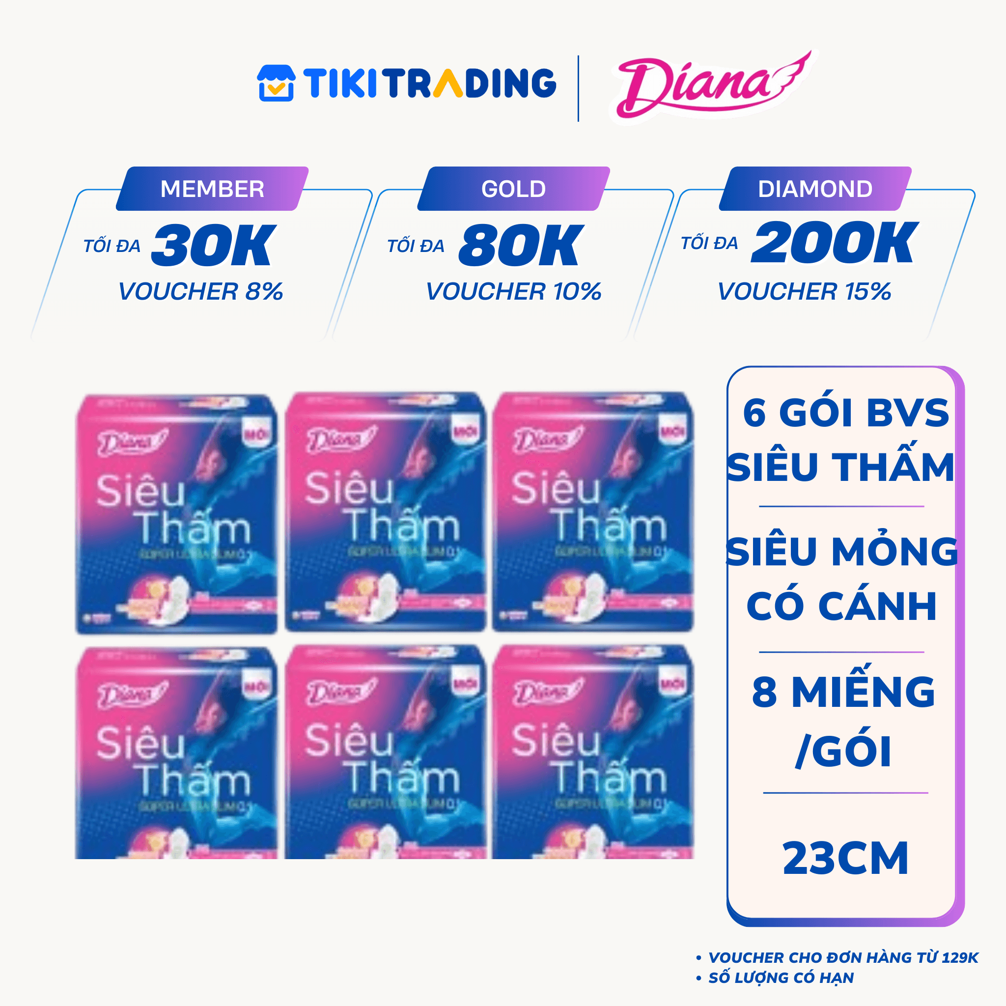 Combo 6 Băng Vệ Sinh Diana Siêu Thấm Siêu Mỏng 0.1 Gói 8 Miếng