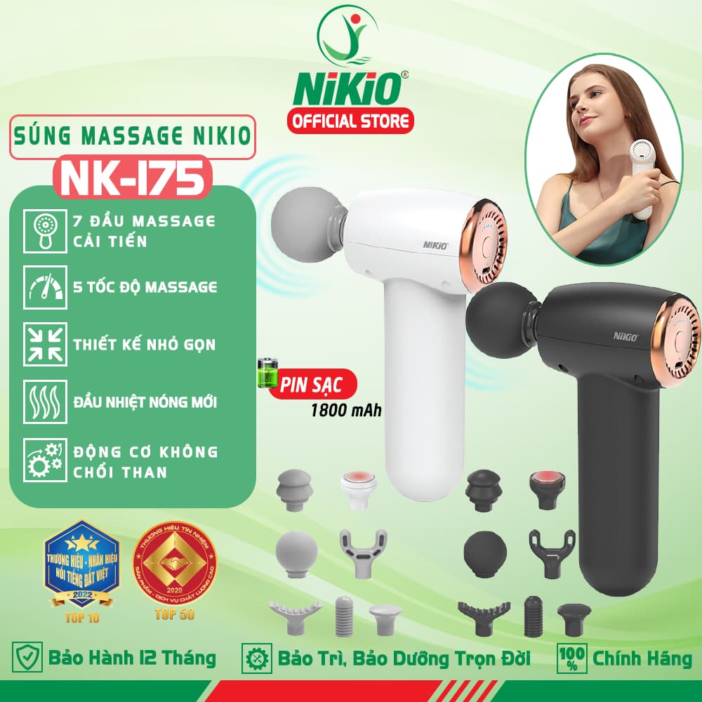 Súng Máy Massage Cầm Tay Nikio NK 175 Dòng Siêu Mini Nhỏ Gọn Tiện Lợi 7 Đầu Mát xa Thay Đổi Có Đầu Nhiệt Nóng 55 Độ C Hỗ Trợ Giãn Cơ Chuyên Sâu Làm Giảm Đau Nhức Cơ Bắp Hiệu Qủa Dòng Pin Sạc Màu Trắng