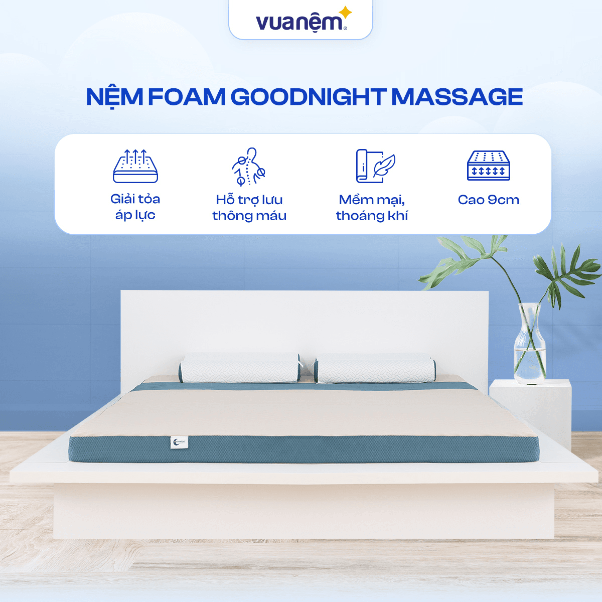 Nệm foam Goodnight Massage bán chạy tại Việt Nam 9cm tại Vua Nệm Cấu trúc lượn sóng duy trì tư thế tự nhiên của cột sống 200x220