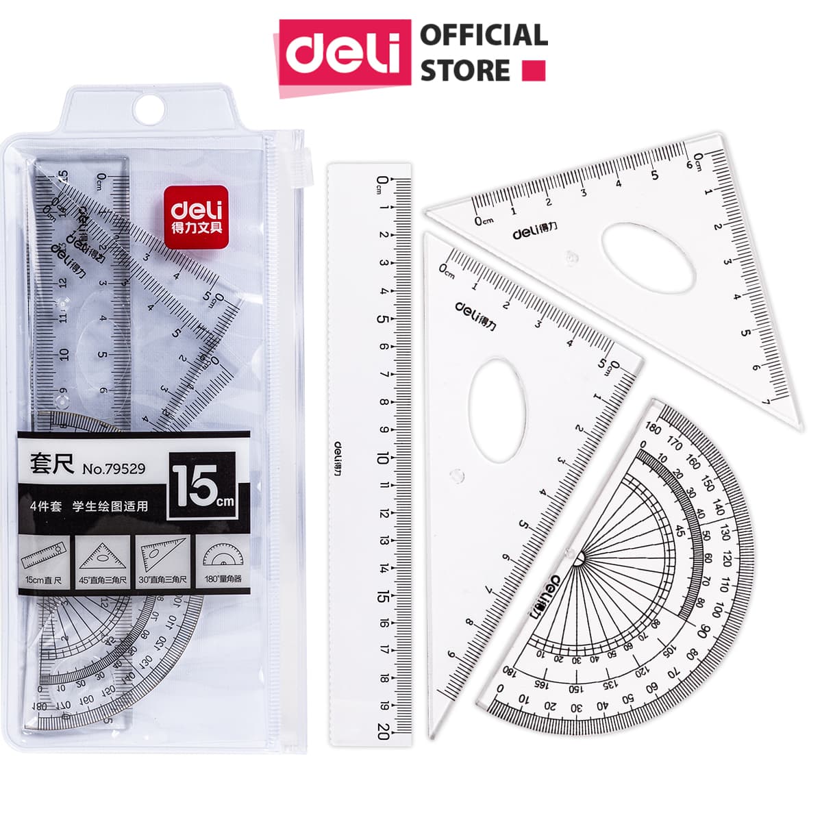 Bộ Thước Kẻ Thước Đo Độ Eke Học Sinh Deli Bộ Dụng Cụ Học Tập 4 Chiếc 79529 79530 Thước 15cm