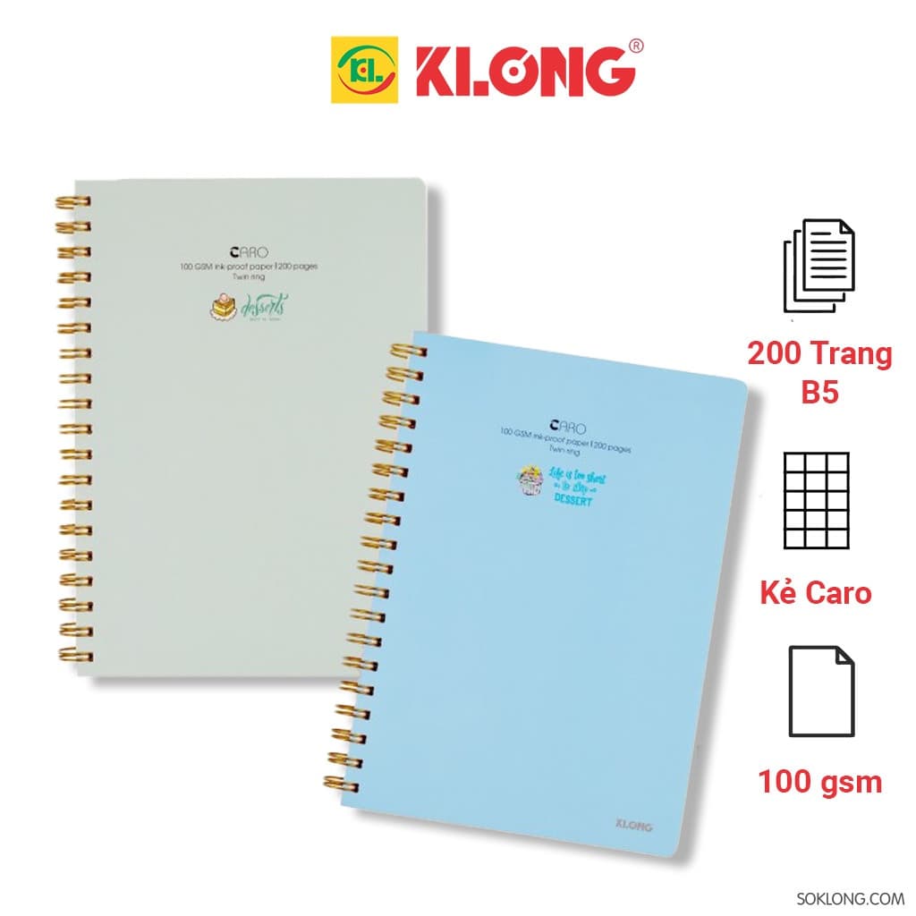 Sổ lò xo kép Vở lò xo Klong Caro B5 bìa nhựa 80 120 200 trang 200 trang MS 576