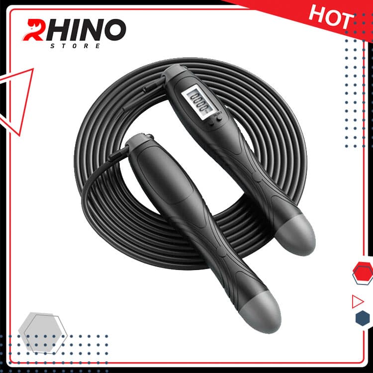 Dây nhảy thể thao lõi thép cao cấp Rhino J101 tự động đếm số tích hợp đo calo quãng đường Dùng cho Muay Boxing Kickboxing Đen Dây thép 2.8m