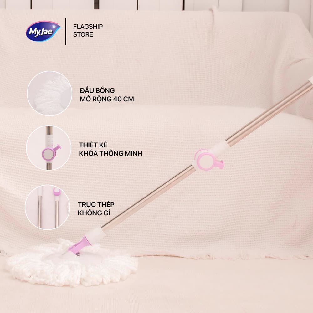 Combo 3 Bông Lau 1 Cây Lau Nhà Đơn MyJae Sợi Microfiber Xoay 360 Độ Phù Hợp Cho Nhiều Loại Thùng Lau 134cm