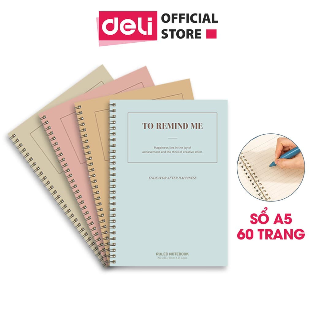 Sổ tay ghi chép A5 gáy xoắn 60 trang Deli Kẻ ngang Màu ngẫu nhiên LA560 01 Bìa trơn