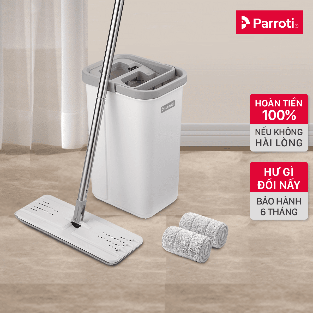 Bộ cây lau nhà tự vắt thông minh chổi lau nhà 360 độ lau sạch khô nhanh Parroti Pro PR01
