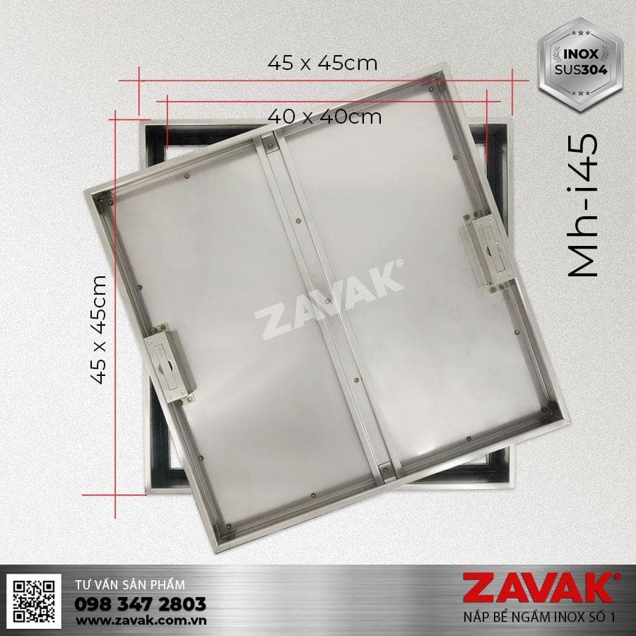 Nắp bể nước ngầm trong nhà Zavak MHI 45. lát gạch âm sàn kích thước 45x45cm. Inox304 chống gỉ