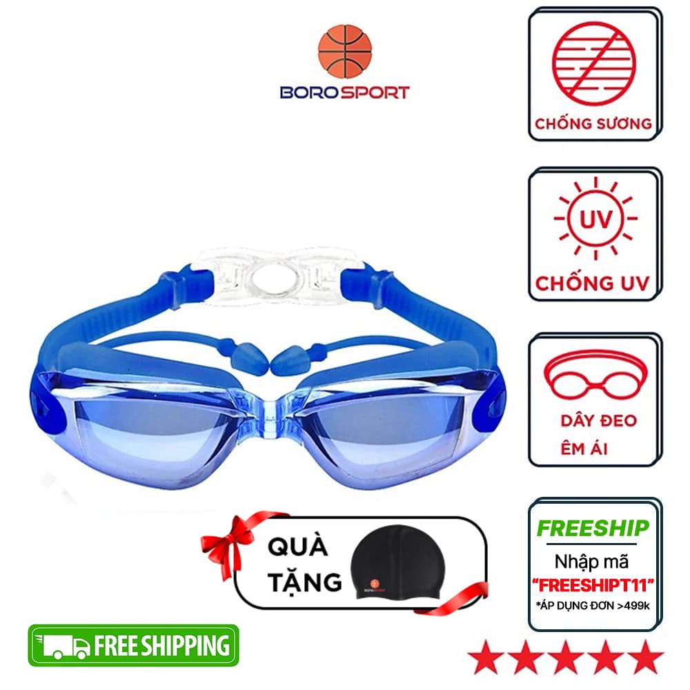 Kính Bơi Tráng Gương kèm bịt tại cao cấp Cleacco chống sương mù chống tia UV Tặng kèm nón bơi Silicon Màu ngẫu nhiên Xanh đậm