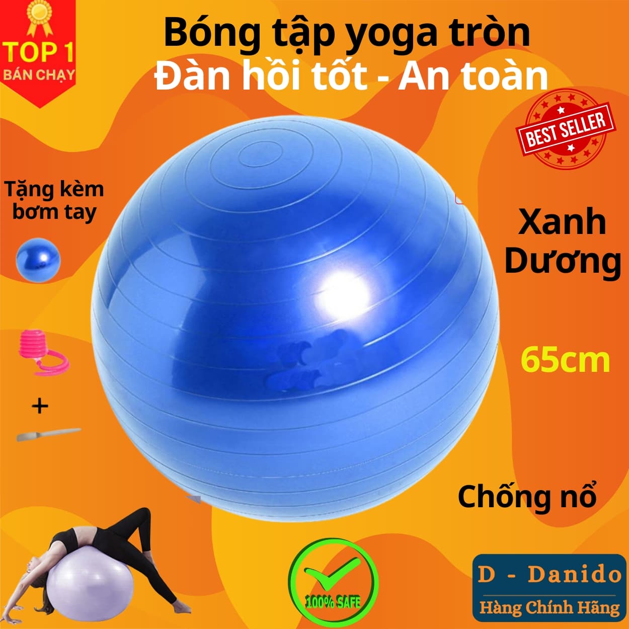 Bóng Tập Yoga Bóng Yoga Tròn Cỡ Đại 65cm Cao Cấp Hàng nhập khẩu Xanh dương