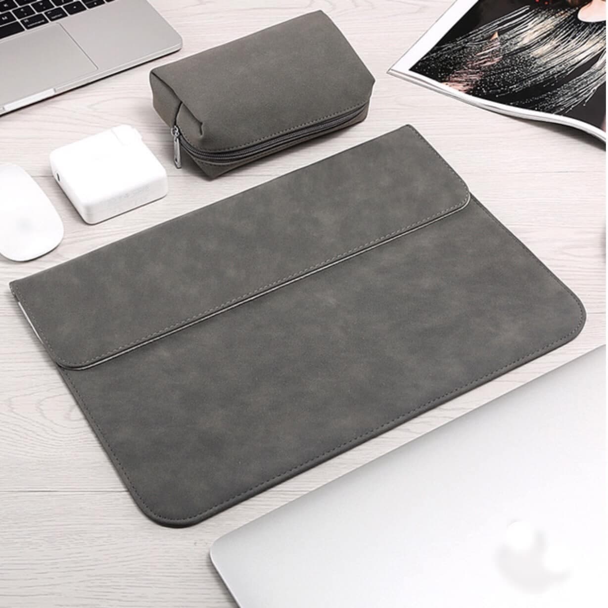 BAO DA TÚI DA CẶP DA CHỐNG SỐC CHO MACBOOK LAPTOP SURFACE KÈM VÍ ĐỰNG PHỤ KIỆN Xám Macbook Pro 16 inch