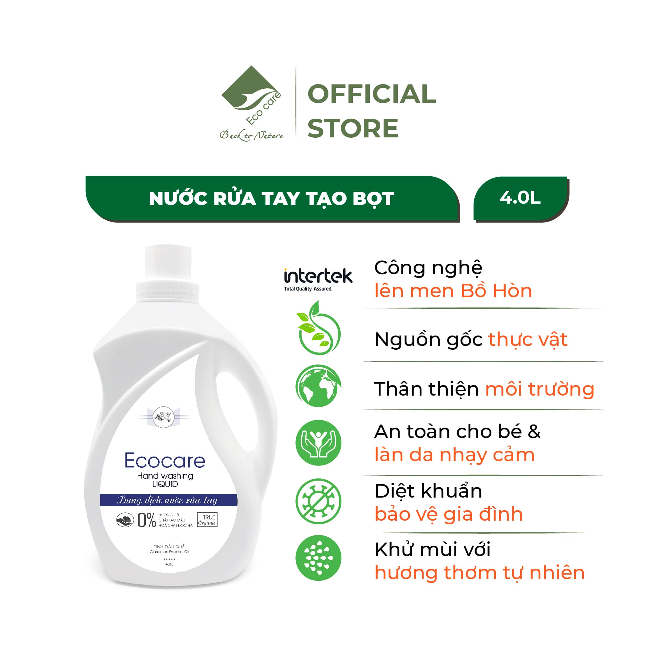 Nước rửa tay hữu cơ diệt khuẩn dạng bọt hương Quế 4000ml thương hiệu Ecocare tặng kèm vỏ tạo bọt