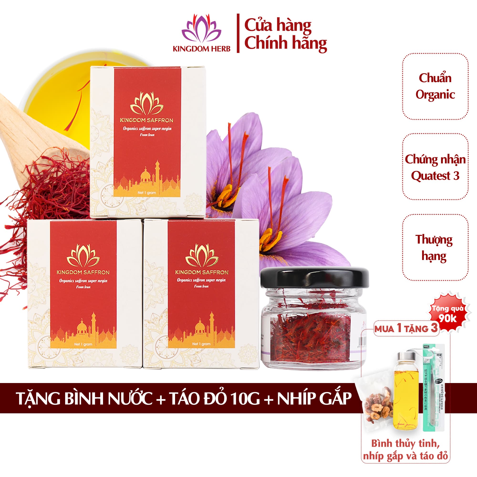 Combo 3 hộp hộp1gr saffron Kingdom Herb nhụy hoa nghệ tây Iran super negin thượng hạng Tặng táo đỏ Tân Cương 10g bình nước và nhíp gắp