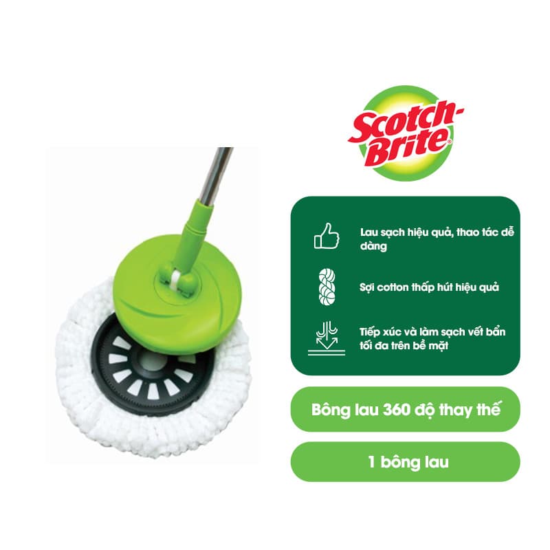 Bông lau thay thế Bộ cây lau nhà 360 độ lồng giặt và vắt tích hợp Scotch Brite 3M Lấy sạch tóc 1 Bông Lau