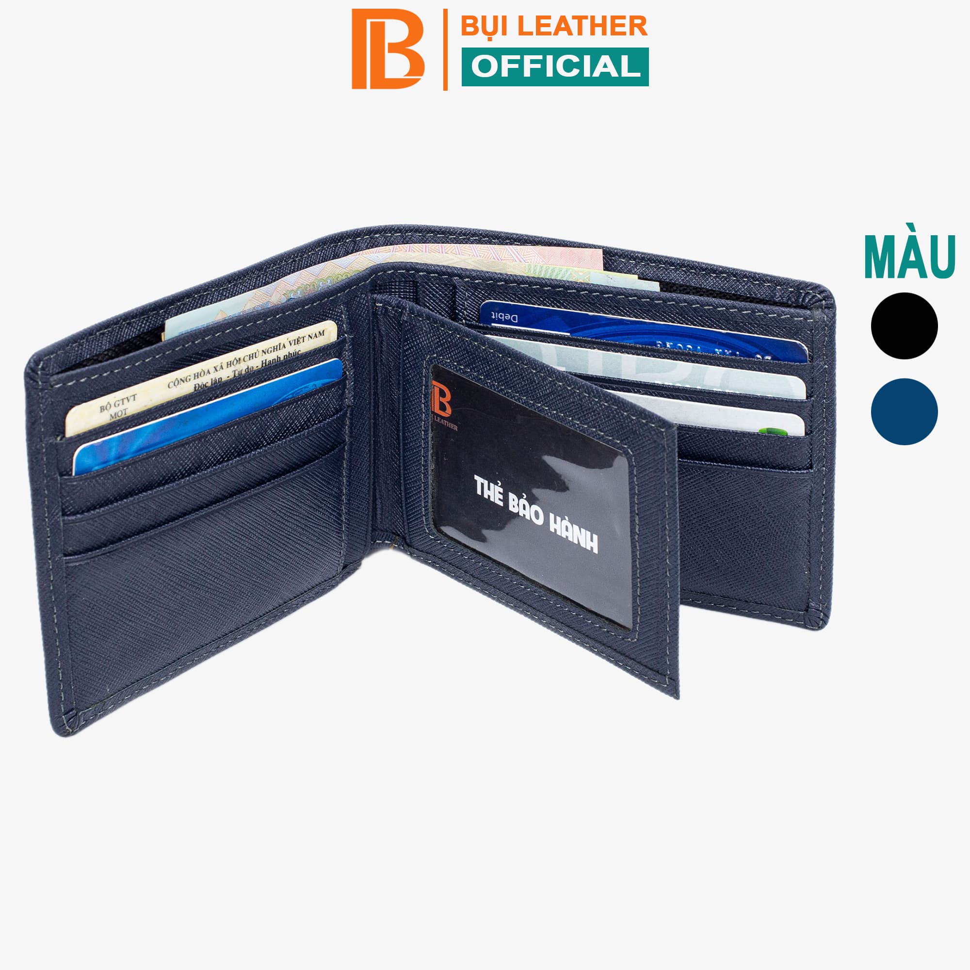 Ví nam bóp nam da bò Saffiano Bụi Leather V141 Ngang xanh navy