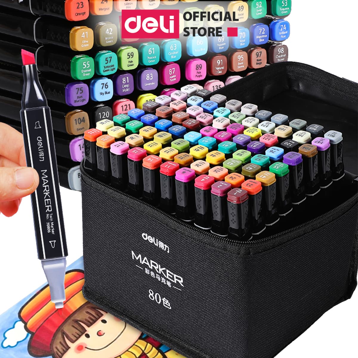 Bút màu marker chuyên nghiệp Deli kèm túi vải 30406080 Màu 70806 80 Màu túi vải