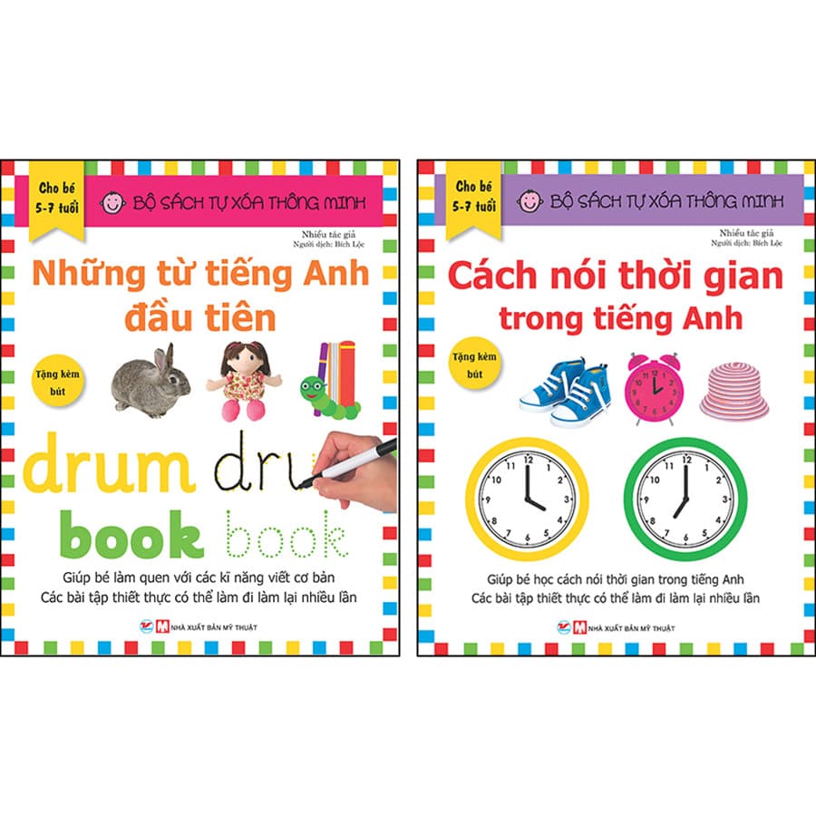 Combo Trọn Bộ 2 Cuốn Bộ Sách Tự Xóa Thông Minh Những Từ Tiếng Anh Đầu Tiên Cách Nói Thời Gian Trong Tiếng Anh 5 7 tuổi Tặng Bút Xóa