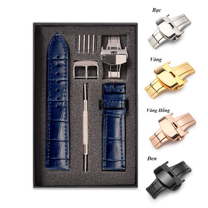 Dây Đồng Hồ Da Cá Sấu Navy Size 1820222426mm Dây Đeo Da Cá Sấu Thật 100 Khóa Cài Bướm Bạc 2220mm