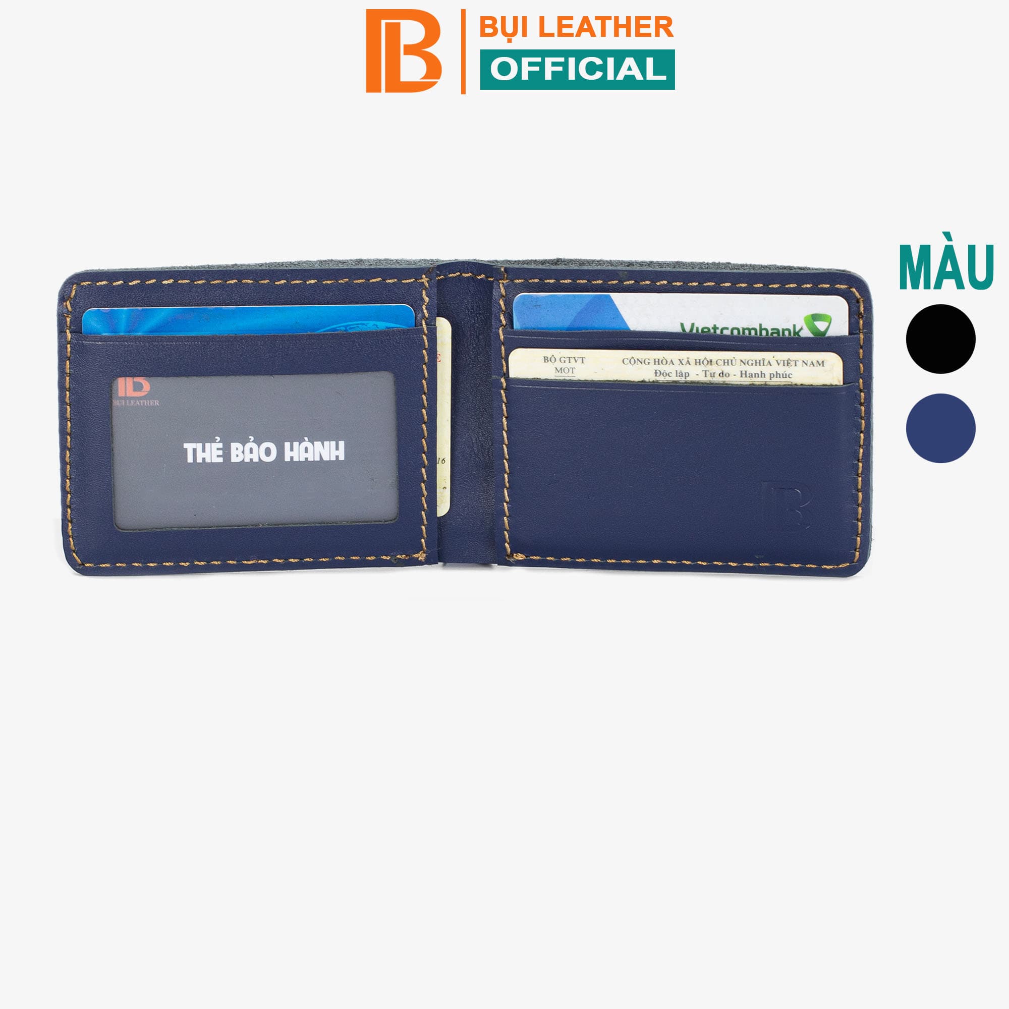 Ví da nam bóp da nam mini Bụi Leather V115 Da bò Nappa cao cấp Ví ngang xanh navy