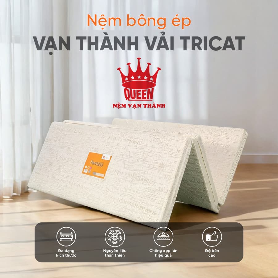 Nệm Bông Ép Vạn Thành Gấp 3 Vải Tricat Tiện lợi Dễ Gấp Gọn 120x195 9cm