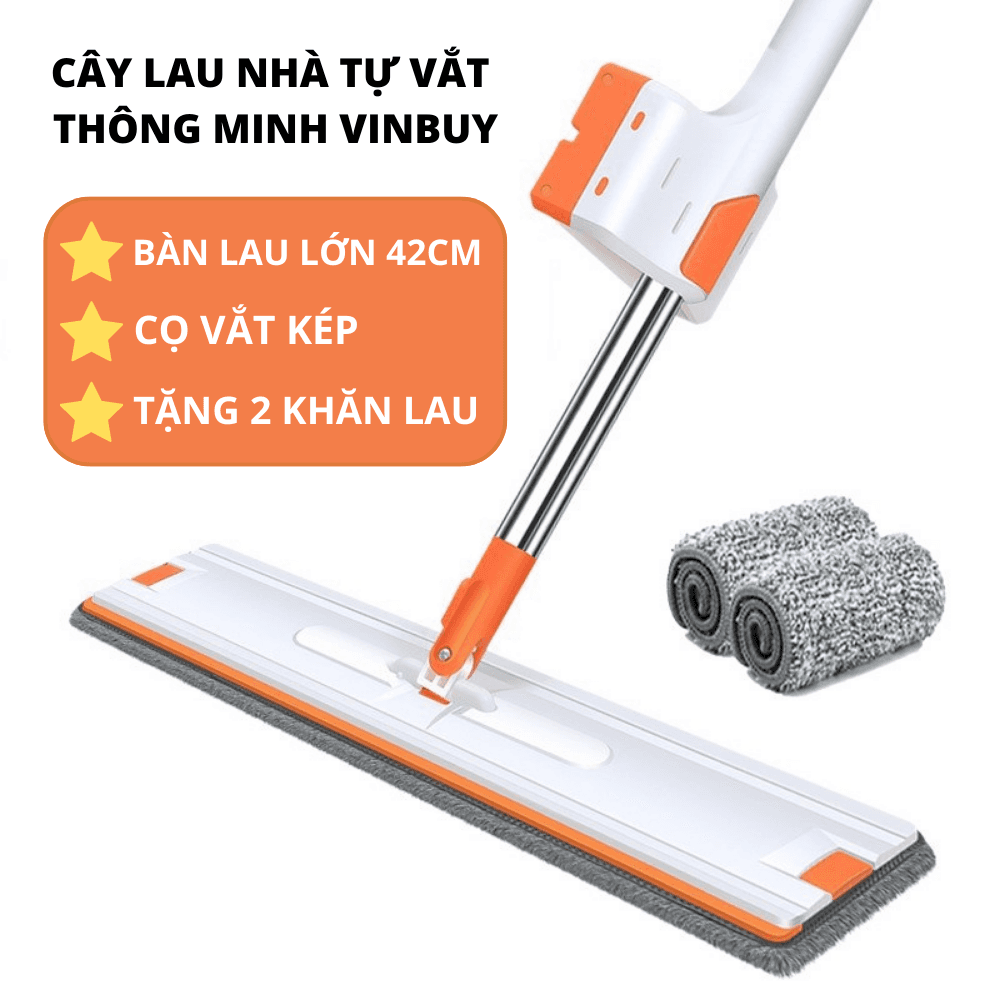 Cây Lau Nhà Tự Vắt Thông Minh Đa Năng VinBuy Vắt Khô Đến 95 Chổi Lau Nhà 360 Độ Sau Sạch Khô Nhanh Màu Cam 2 Khăn