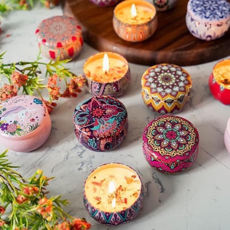 Bộ 4 hộp nến thơm Anzzar cao cấp hương hoa tinh dầu dịu nhẹ sáp thơm trong hộp thiếc hoa văn tinh tế phong cách Bắc Âu NT 04