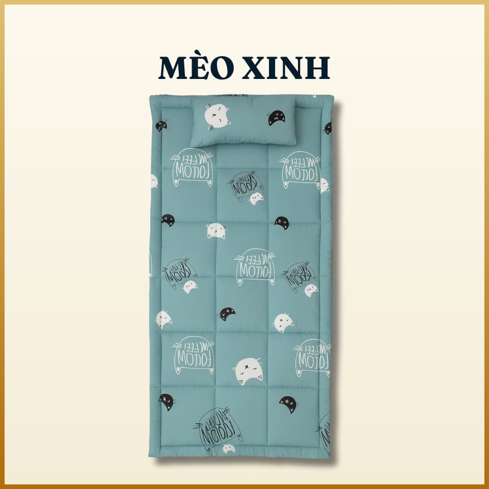 Combo nệm ngủ trưa văn phòng cao cấp A 80x190cm 1 gối hơi 35 x 50 cm tặng kèm 1 vỏ gối cotton poly cùng màu Mèo xinh