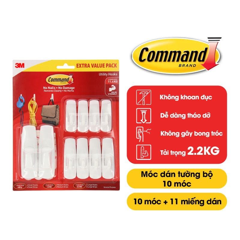 Bộ 10 Móc dán tường Command 3M chịu lực 2.2kg Gói siêu ưu đãi độ bền cao bám cực chắc tháo cực dễ 17008EXVP