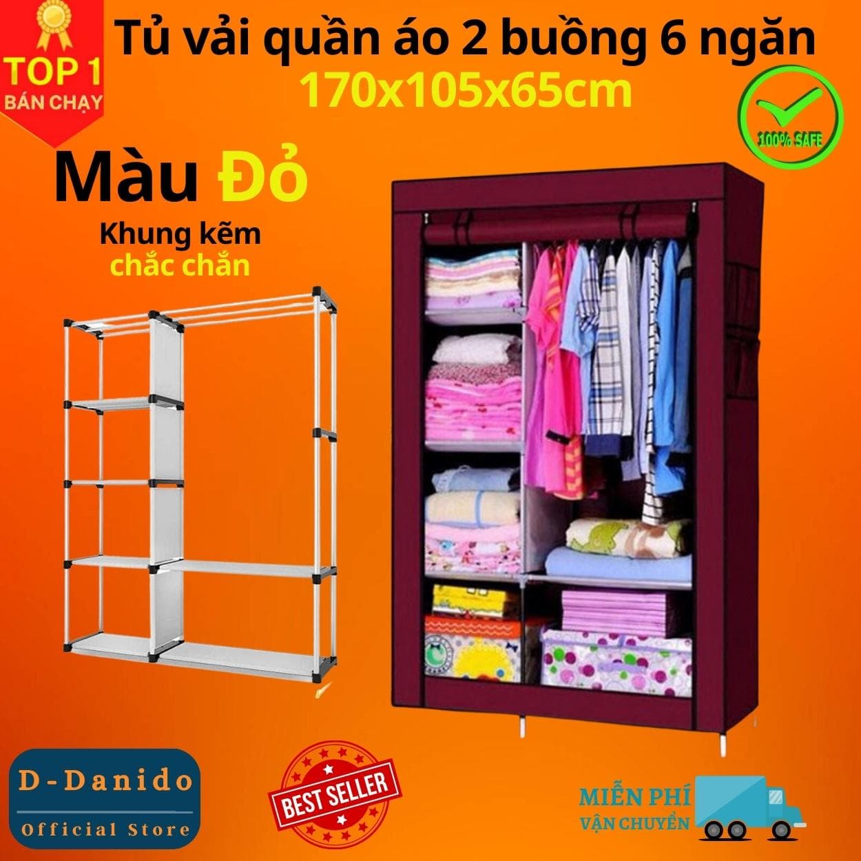 Tủ Quần Áo 2 Buồng 6 Ngăn Tiện Lợi Tủ Vải 170cm Chất Lượng Cao Chắc Chắn Vững Chãi miDoctor Đỏ Đô