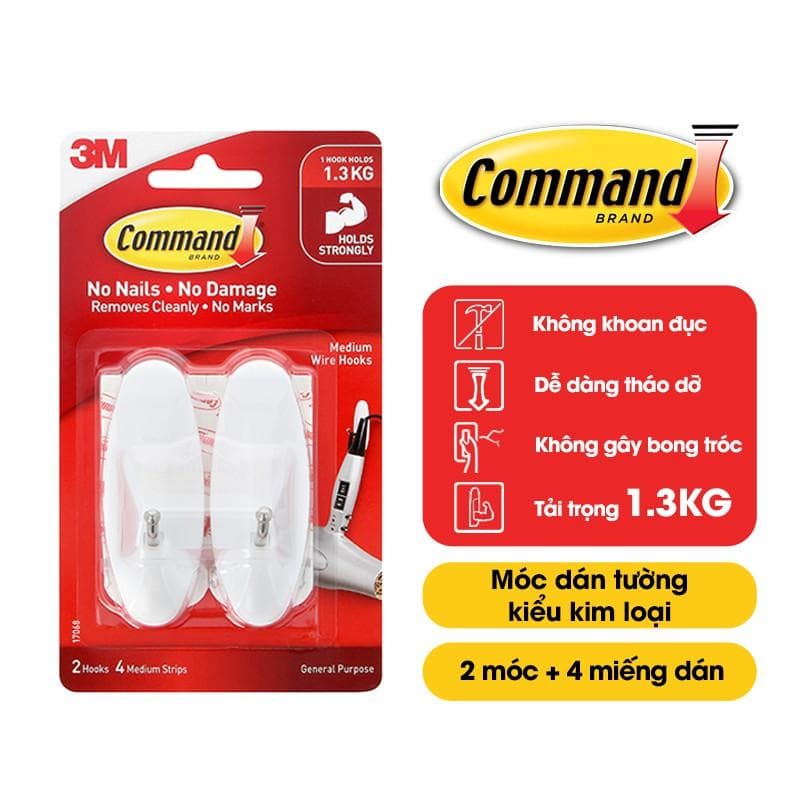 Móc dán tường đầu kim loại Command 3M vỉ 2 cái cỡ vừa chịu lực 1.3kg Độ bền cao bám cực chắc tháo cực dễ 17068 1 vỉ 2 cái