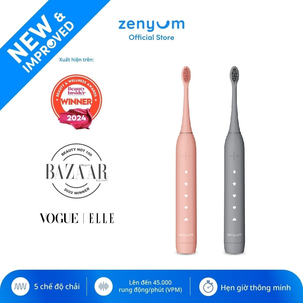 Combo 2 Bàn Chải Đánh Răng Điện Zenyum Sonic 2.0 Mau tư chon Công Nghệ Singapore 1x Đen 1x Hồng San Hô