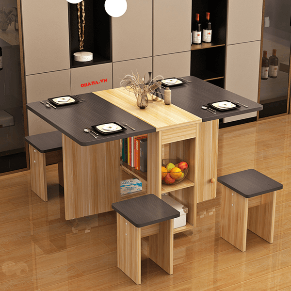 Kèm Ảnh Thực Tế Miễn phí vận chuyển &Lắp đặt Bộ Bàn Ăn Thông Minh Xếp Gọn OHAHA 4 Ghế Không Bánh Xe BA002 Vàng ghi Bàn 120