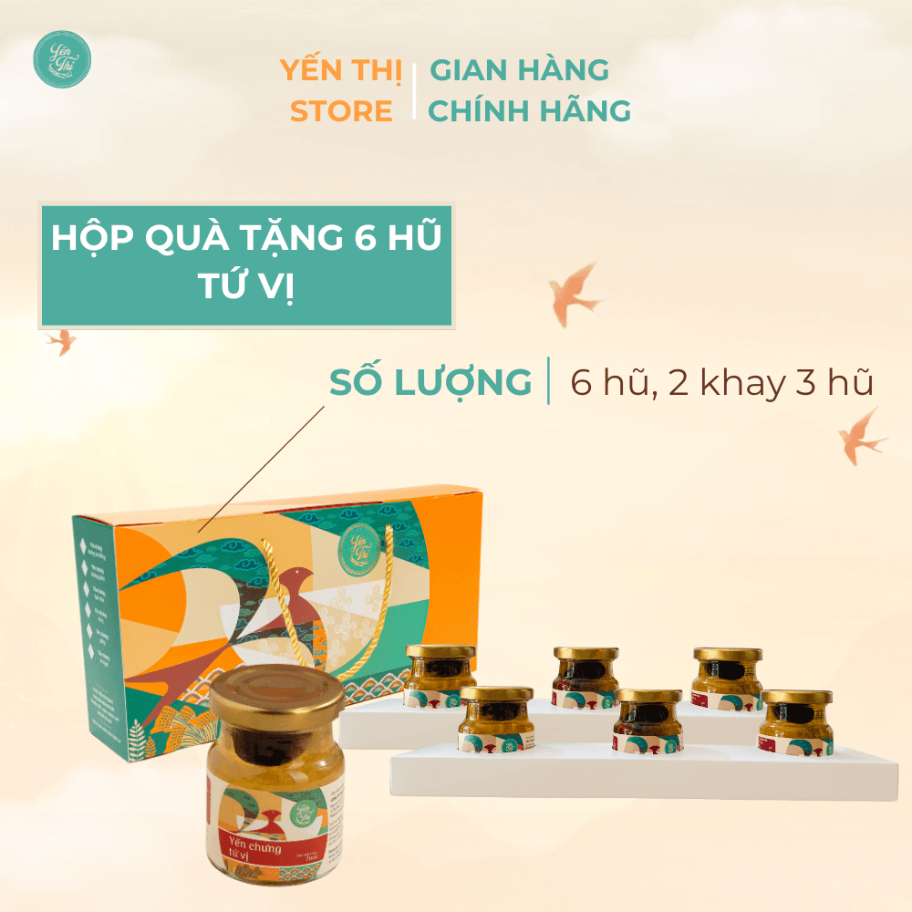 Tặng muỗng gỗ đơn 450kYến Thị Chưng Tứ vị Hũ Chưng Sẵn 30 Yến 70ml SET 6HŨ 30 YẾN HỘP QUÀ