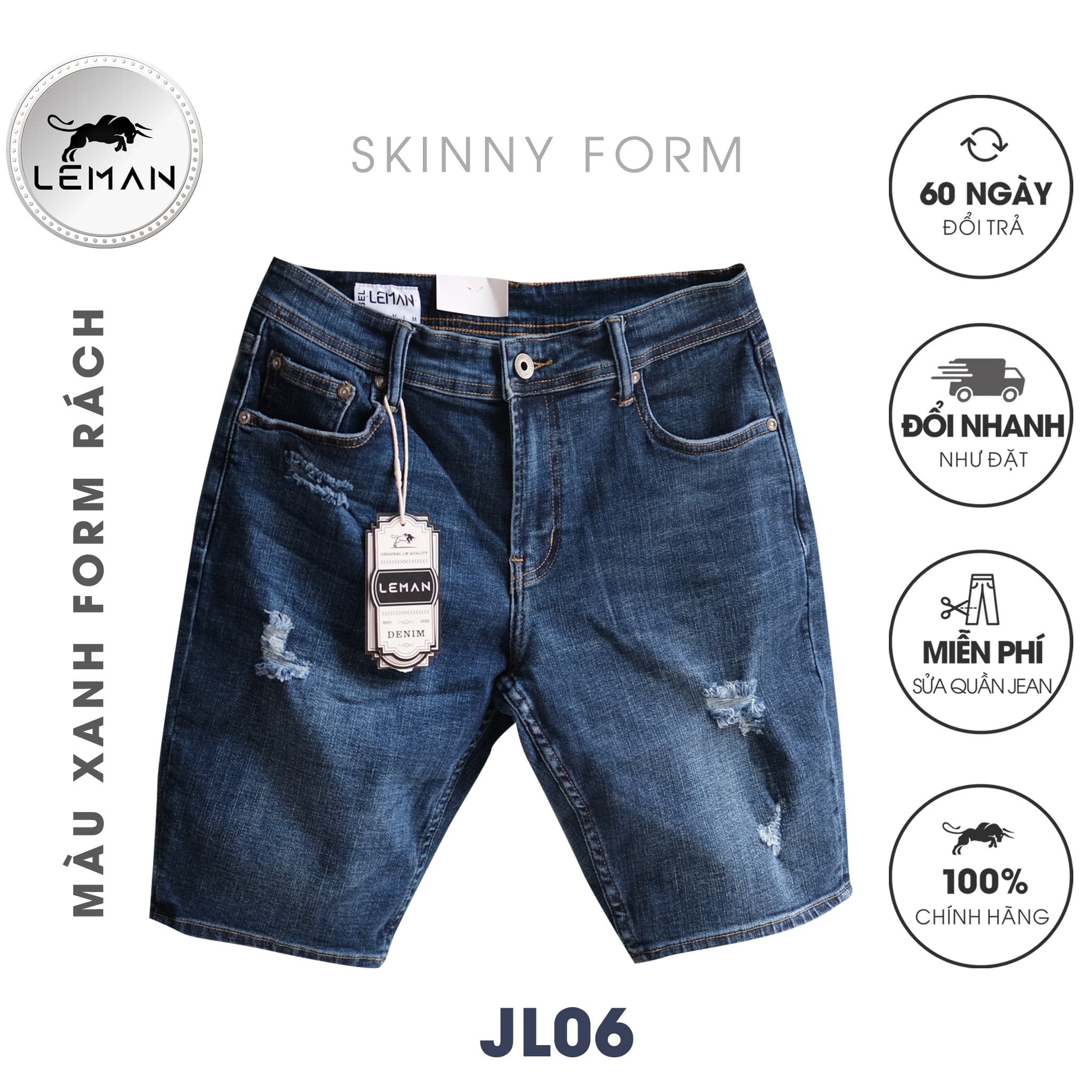 Quần Short Jean nam Leman xanh rách JL06 Skinny Form Xanh jean 30