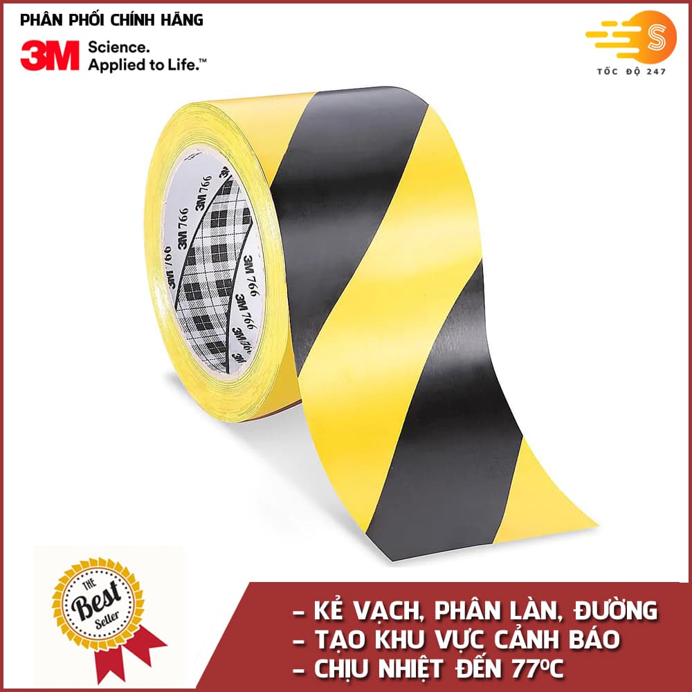 Băng keo dán nền chịu nhiệt sọc vàng đen 50mm x 33m 3M 766 phân chia khu vực cảnh báo nguy hiểm