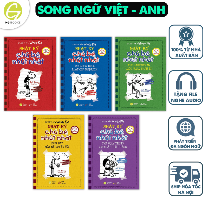 Combo 5 tập Nhật Ký Chú Bé Nhút Nhát Diary Of A Wimpy Kid BẢN SONG NGỮ kèm file nghe Audio Tập 1 5