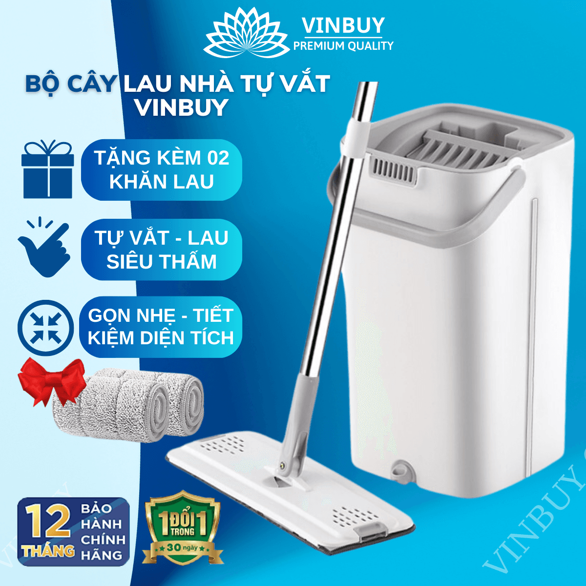 Bộ cây lau nha VinBuy kem thung tư văt thông minh chổi lau nhà xoay 360 đô lau sach nhanh Trắng